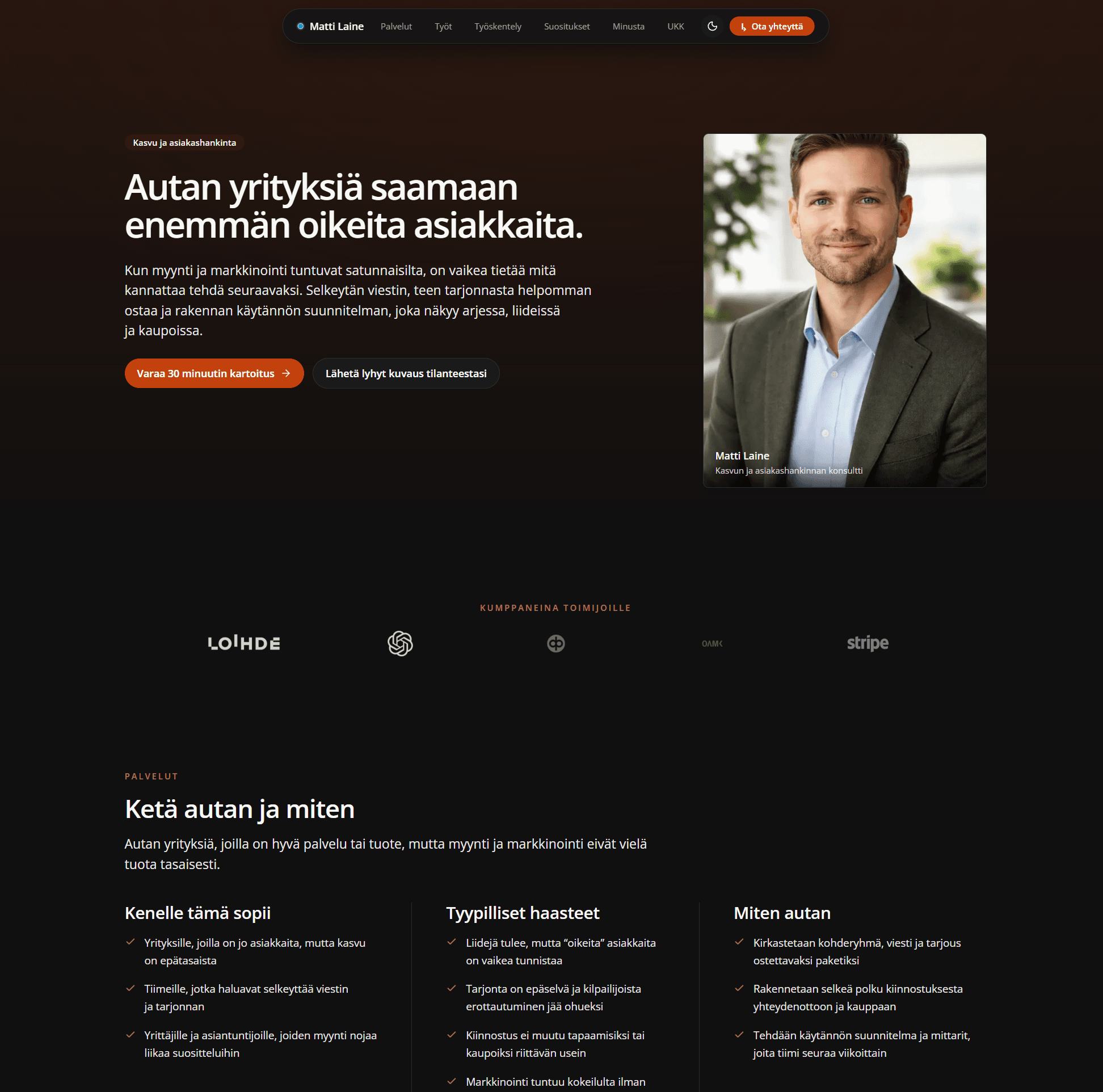 Example consultant portfolio preview (dark)